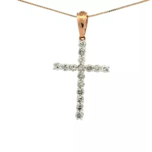 Ciondolo croce oro rosa massiccio 10 carati 16 pietre diamanti 28X20 mm 1,00CTW - Foto 1 di 4