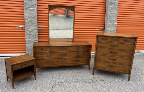 Vintage MCM Drexel Walnut Meridian Modern Bedroom Set Dresser Mirror Nightstand Cover