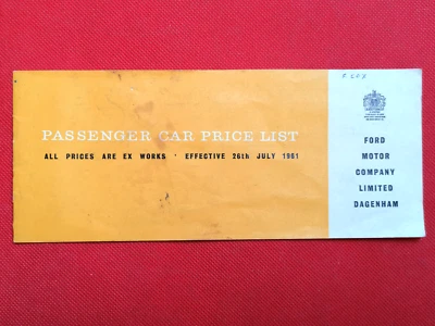 1961 FORD PRICE LIST - Popular Anglia Consul 315 375 Zephyr Zodiac Convertibles - Image 1 of 4