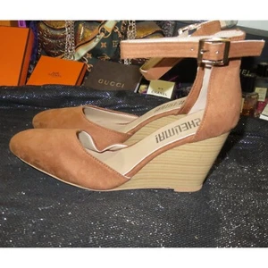 Shelina! Brown Vegan Suede Leather D'Orsay Ankle Strap Chunky Wedges size 10 - Picture 1 of 6
