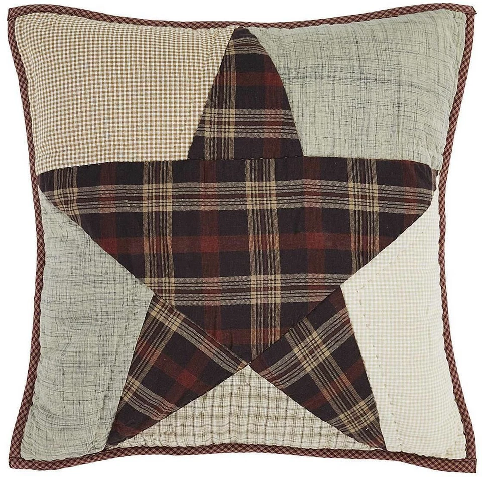 Abilene Star Burgundy Red + Tan Hand Quilted Country Patchwork Pillow 16"x16" - Image 1 of 3