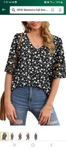 Womens V Neck Chiffon Blouse Mesh Panel 3/4 Bell Sleeve Loose Top Shirt Sz S - Picture 1 of 7