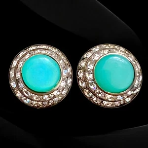 Lisner Green Cabochon Earrings Clip On Vintage Signed Domed Rhinestone 50s - Picture 1 of 9