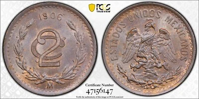 MEXICO ESTADOS UNIDOS 1906  2 CENTAVOS COIN PCGS CERTIFIED UNCIRCULATED MS64-BN - Image 1 of 4