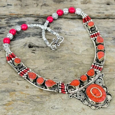 Design Corallo Rosso 925 Argento Sterling Unico Tibetano Collana Nepali Gioielli - Immagine 1 di 4