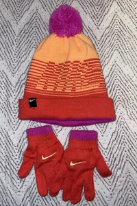 Nike Girls 2 Piece Hat W/Pom Poms and Glove Set Orange & Pink Youth Size EUC - Picture 1 of 8
