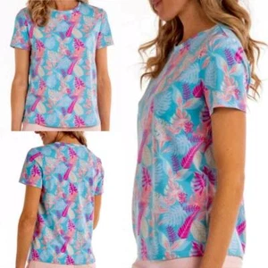 Blue Pink Beach Palm Print T-Shirt Top S XS? Short Sleeve Summer Fresh Produce - Picture 1 of 7