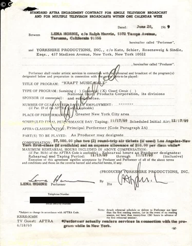 LENA HORNE - ANNOTATED CONTRACT SIGNED 06/20/1969 Cover