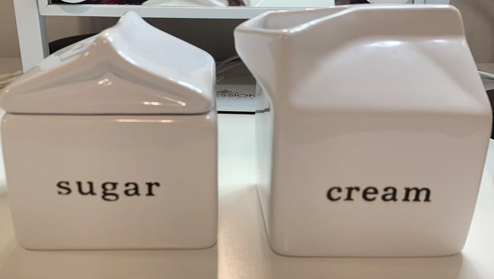 Crate & Barrel Cream and Sugar Set, White containers with lid - Image 1 of 4