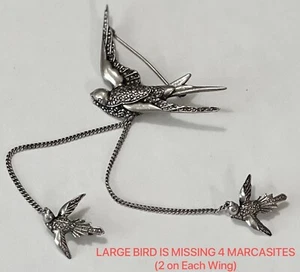 Vintage Sterlingsilber Markasit 3 Ketten SCHWALBE VOGEL Broschen Chatelaine Anstecknadel - Bild 1 von 18