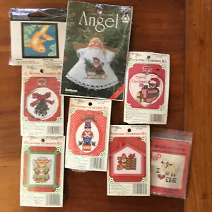 Lot 9 Unopened Mini Cross Stitch Kits Christmas Ornaments Angel Fish Sheep Hare - Picture 1 of 6