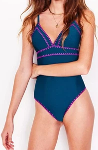 Boden Kasos String Swimsuit Blue Fuchsia Size 14 V-Neck Non Wired Padded Plunge - Picture 1 of 12