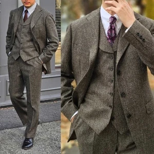 Men's Suits Gray Herringbone Jacket Single Breasted Tweed Tuxedo Notch Lapel - Picture 1 of 12