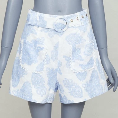 KEEPSAKE Pantalón Corto Blanco Azul Lino Estampado Paisley Algodón Forrado Cinturón S Foto 1 de 4