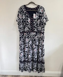 NWT Lane Bryant Maxi Shirt Dress 24 Plus Floral Blue White Chiffon Boho Nautical - Picture 1 of 10