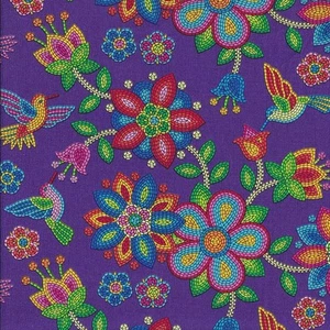 Pretty Mosaic Flowers Hummingbirds on Purple Floral Quilting Fabric 1/2 Metre - Picture 1 of 1