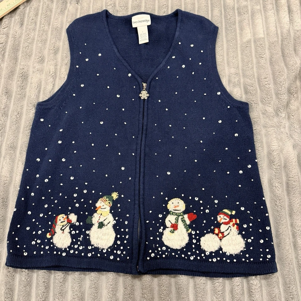 Breckenridge 大号拉链海军蓝毛衣背心圣诞节冬季雪人外观 — 第 1/4 张图片