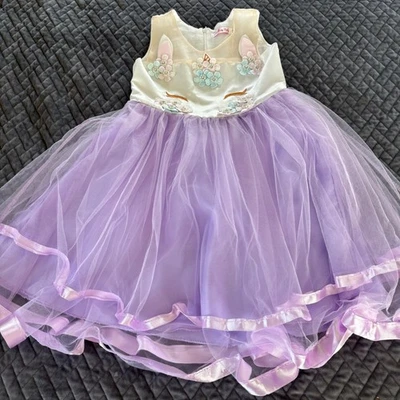 Kids Unicorn Dress Lavender Tulle Flower Applique Party Costume Size 120 ( 6-7) - Image 1 of 4