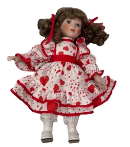 VTG Bisque Porcelain Doll Valentines Day Heart White Red Dress Beautiful Face - Picture 1 of 10