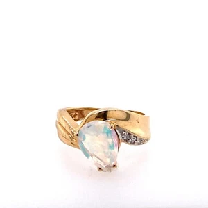 Anello vintage oro giallo 14 kt taglio pera naturale opale di fuoco diamante misura 4,5 - Foto 1 di 6
