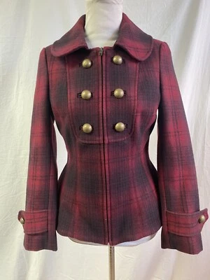 Anthropologie Elevenses Red & Black Plaid Peplum Wool Blend Jacket women's 6P - Image 1 of 4