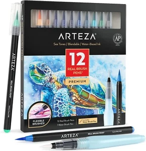 ARTEZA Real Brush Watercolour Pens SEA TONES Blendable + 1 Water Brush Set of 12 - Picture 1 of 5