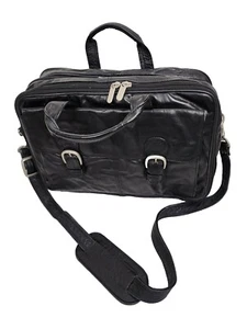 Leather Laptop Bag Business Case Medium Expandable Black Shoulder Strap - Picture 1 of 16