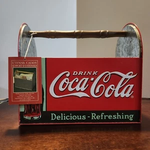 NEW VINTAGE Coca-Cola Metal Tin Picnic Caddy & Utensil Tote Wood Handle Metal - Picture 1 of 9