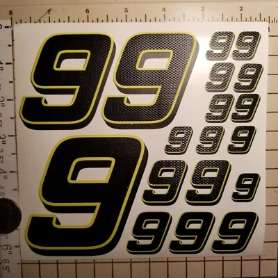 Matte Black-w/Gloss Carbon Fiber yellow #9's Racing Numbers Vinyl Decal Sheet Rc - Image 1 of 4