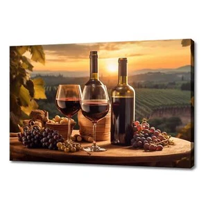Vintage Red Wine Bottles With Grapes Tuscany Sunset Kitchen Canvas Print Art - Picture 1 of 10