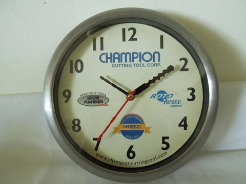 Rare 10" Quartz Wall Clock Champion Cutting Tools Corp Aluminum Frame Glass Lens Cover