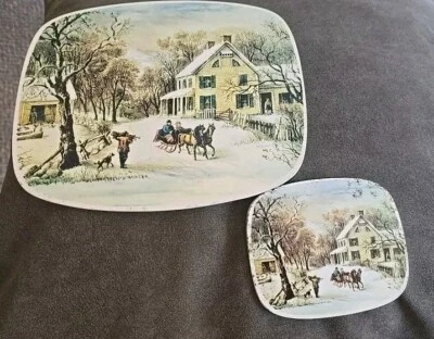 Juego 2 Currier And Ives Trivet Respaldo Corcho American Homestead Invierno 10x8" y 5x4" Foto 1 de 4