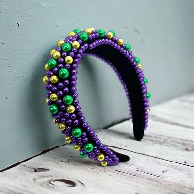 Sparkle & Shine: Beaded Mardi Gras Headband in Party Perfect Purple, Green, Gold - Image 1 of 4