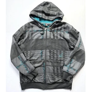 Volcom Full Zip Hoodie Plaid Lined Gray Teal Accents Mens Large - Picture 1 of 3