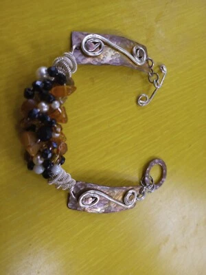 Vtg Handcrafted Copper & Brass Gemstone Glass Cluster Toggle Bracelet Artisan  - Image 1 of 4