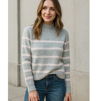 Suéter Amicale Cashmere tamanho XS cinza e rosa listrado malha com nervuras cashmere novo sem etiquetas - Imagem 1 de 4