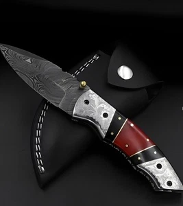 Damascus Handmade Folding Knife Beautifull Finised With Leather Cover - Picture 1 of 4