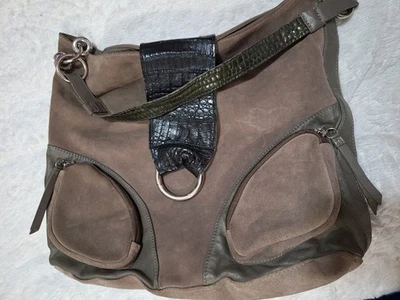 BOLSO DE CUERO Chi By Carlos Falchi con SOLAPA DE COCODRILO Hobo Monedero Foto 1 de 4