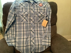 Wrangler Western Cowboy Shirt Blue Plaid Mens SMALL Pearl Snap Long Sleeve NWT - Picture 1 of 7