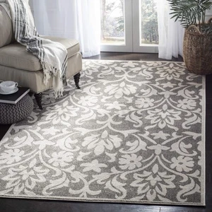 Amherst Collection Area Rug - 9' x 12', Dark Grey & Beige, Floral Design, Non... - Picture 1 of 5
