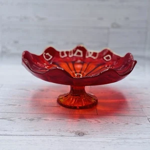 LE Smith Amberina Glass Pedestal Compote Bowl Ruffled UV Reactive Glow - Picture 1 of 10