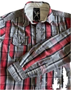 Marc Ecko Men's Large Red/Gray Plaid Cotton L/S With Pockets Button-Up Shirt - Picture 1 of 7