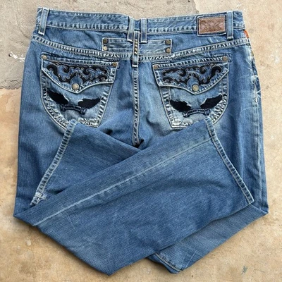 Jeans Robin’s vintage puntada negra alas bordadas corte bootcut Jean para hombre 42x32 Foto 1 de 4