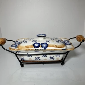 Temp-Tations Blau Floral Gold Kasserolle Backform mit Deckel und Ständer 10x6x4" - Bild 1 von 10
