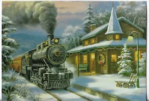 NEW LEANIN' TREE Christmas Card 4.75x6.75 Train Pulling into the Train Depot - Picture 1 of 3