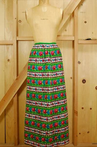 Vintage 1960s Green Floral Print New Visions Quilted Hostess Hippie Maxi Skirt S - Picture 1 of 14