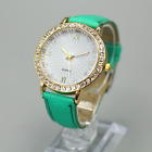 Womens Gold Tone Watch Gray Geometric Dial Jewel Bezel Green Faux Leather Strap