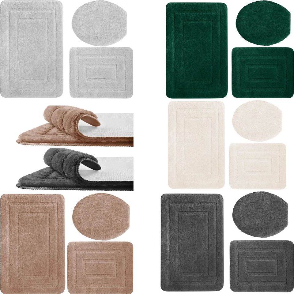 3 Tlg Badematte Badteppich Badvorleger Rutschfeste Grau Braun Grün Graphit Beige - Bild 1 von 1