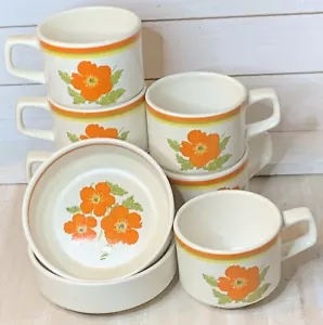 Lenox Temperware Fire Flower Orange Poppies Mug Cup Dessert Bowl Retro Lot of 8 - Picture 1 of 9