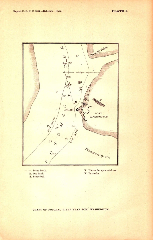 POTOMAC RIVER, FORT WASHINGTON, MARYLAND, SHAD antiguo mapa de pesca 1887 Foto 1 de 1
